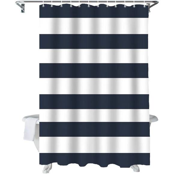 Nautical Stripe Design Navy & White Fabric Shower Curtain 70" x 72" Rings Inc. - Picture 1 of 7